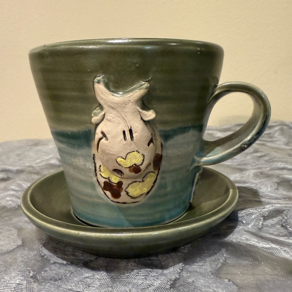 Handcrafted Cute Cow  Motif Green Ceramic Art Mug with Saucer